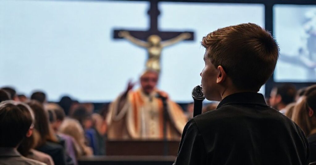 Młody wierny słucha 'Papieża' Leona XIV podczas Konferencji Młodzieży Katolickiej w Indianapolis