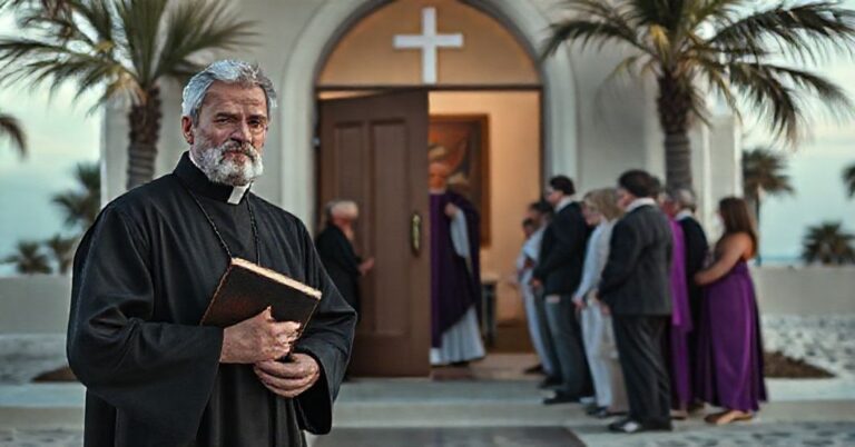 Pogrzeb tradycyjnej wiary: tradycyjny ksiądz stojący przed zamkniętym kościołem w opozycji do neo-katolickiego 'biskupa' w Palm Beach