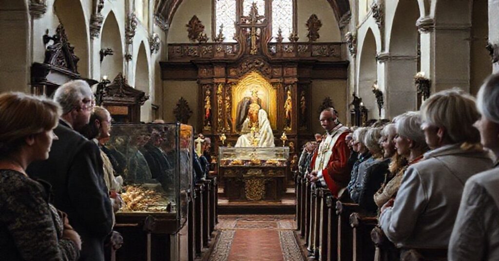 Wnętrze kościoła z prezentacją wątpliwych relikwii "Św." Filipy Mareri. Promowana przez Annę i Piotra Onakós pod okiem bp. Tomasza Chlebowskiego.