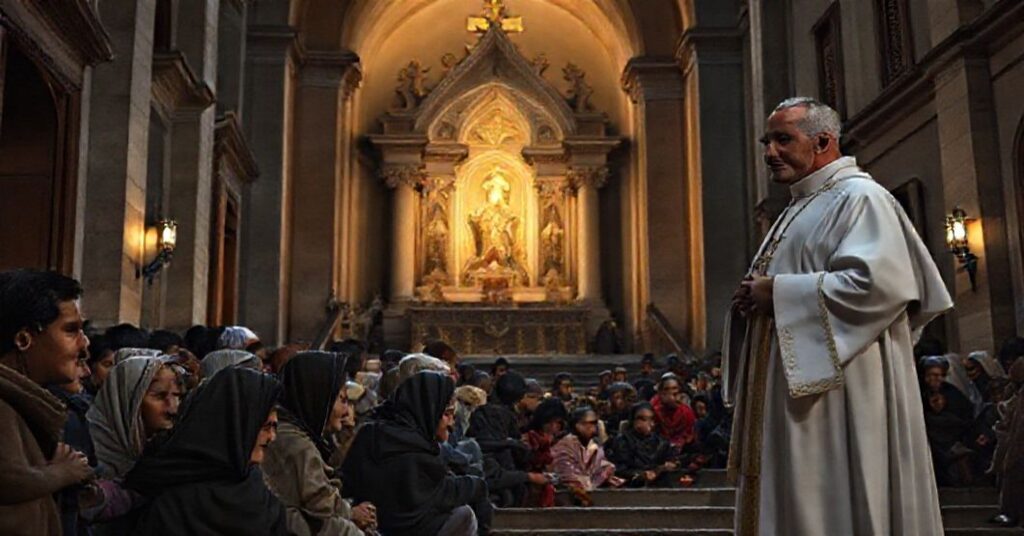 Grupa ubogich przy kościele z nowoczesnym kapłanem pomijającym ich duchowe potrzeby