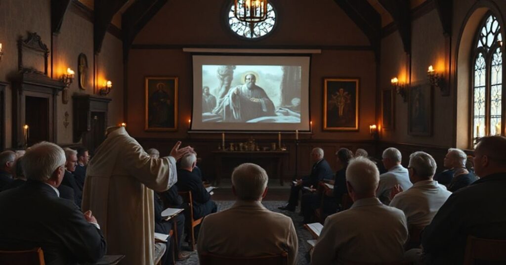 Wnętrze tradycyjnej kaplicy katolickiej z grupą mężczyzn uczestniczących w neo-kościelnych rekolekcjach; na tle ekranu filmowego i zabrakło sakramentalnego duchowości.