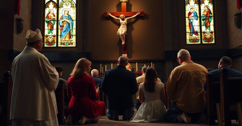 Rodzina modli się przed krzyżem w tradycyjnym kościele katolickim, podkreślając braku prawdziwej pociechy w neo-katolicyzmie