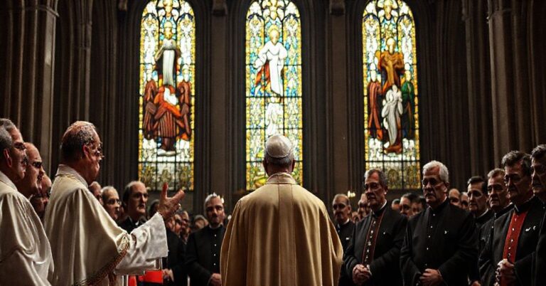 Wnętrze katedry z biskupem w tradycyjnych szatach liturgicznych przemawiającym do zgromadzonych przedstawicieli władz świeckich.