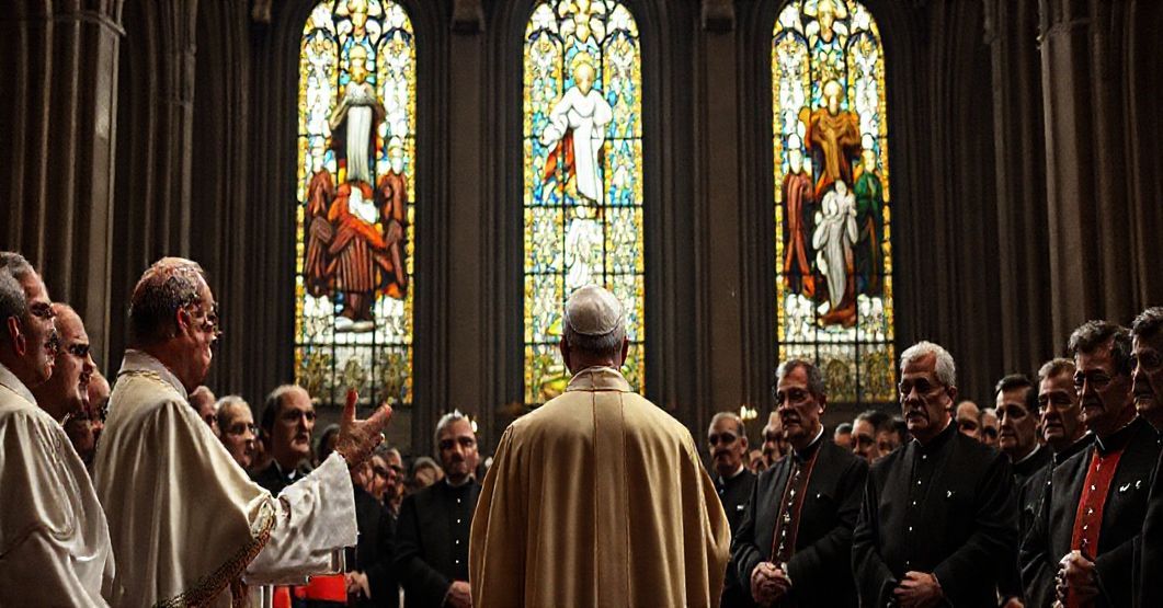 Wnętrze katedry z biskupem w tradycyjnych szatach liturgicznych przemawiającym do zgromadzonych przedstawicieli władz świeckich.