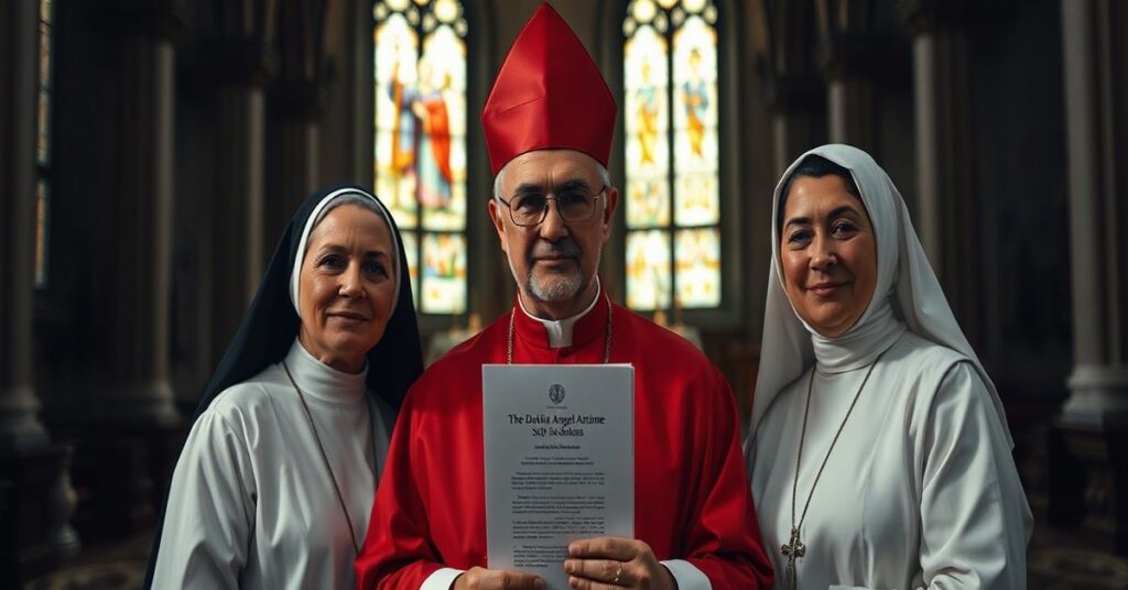 Portret trzech katolickich duchownych w bazylice - siostry Simon Brambilli MC, kardynała Ángela Artime SDB i siostry Tiziany Merletti SFP.