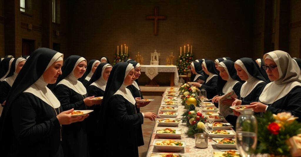 Grupa sióstr zakonnych w nowoczesnych habitu obsługuje ubogich podczas wigilijnego posiłku w kościele pozbawionym sakralnego znaczenia.