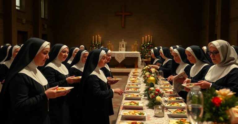 Grupa sióstr zakonnych w nowoczesnych habitu obsługuje ubogich podczas wigilijnego posiłku w kościele pozbawionym sakralnego znaczenia.