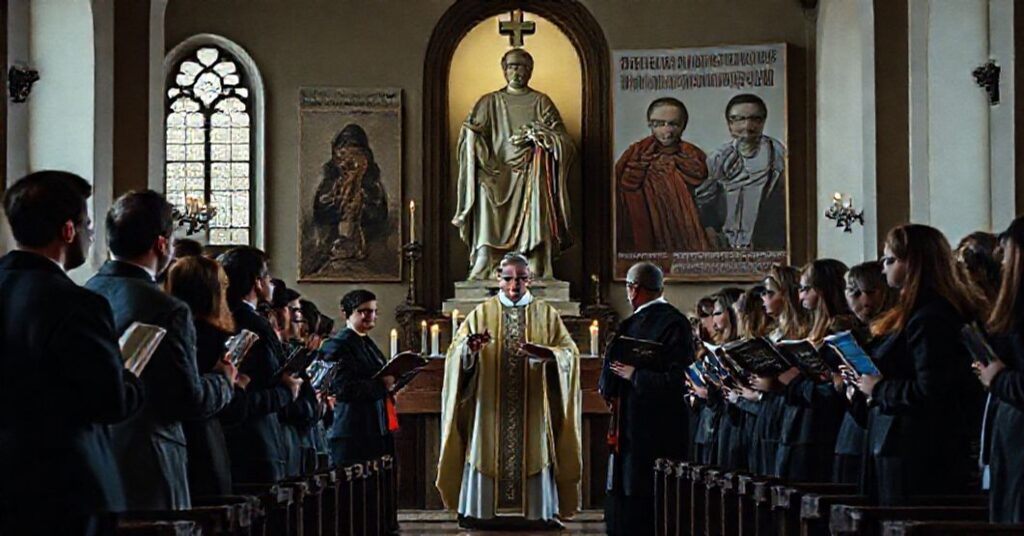 Obraz przedstawiający neo-KULtura apostazji w Katolickim Uniwersytecie Lubelskim Jana Pawła II. Na pierwszym planie znajduje się kaplica z fałszywą 'Mszą św.' odprawianą przez modernistycznego księdza.