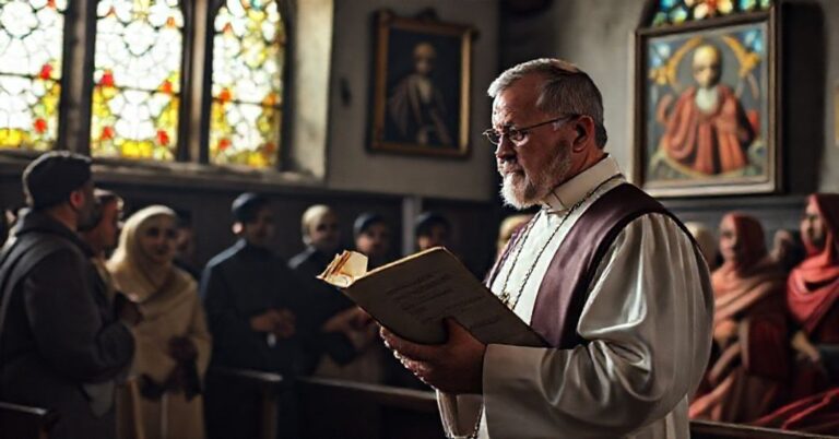 Tradycyjny ksiądz w starym kościele podziwia nowoczesnych misjonarzy wprowadzających pogańskie symbole do liturgii.