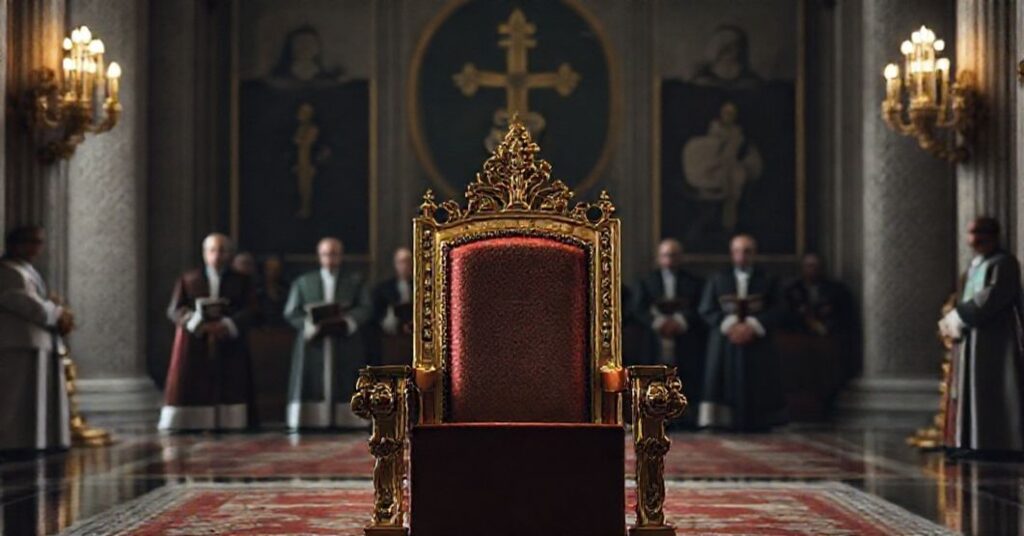 Puste złote krzesło w Watykańskim Pałacu Apostolskim podczas fałszywego jubileuszu