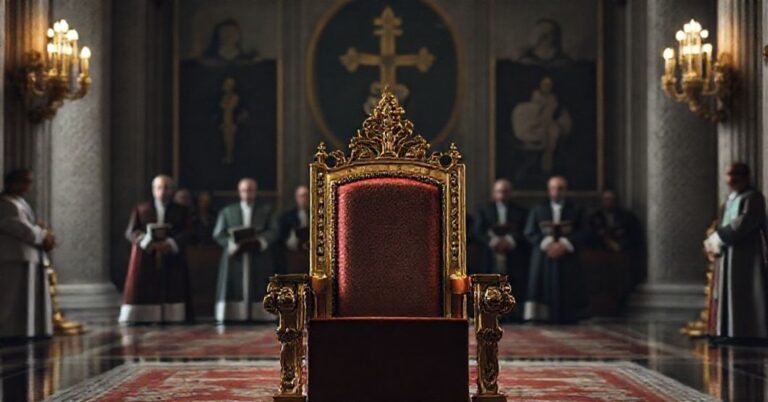 Puste złote krzesło w Watykańskim Pałacu Apostolskim podczas fałszywego jubileuszu