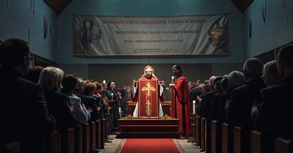 Realistyczny obraz neo-modernistycznej uroczystości w Wilczynie z fałszywym "abp. Polakiem" prowadzącym mistyfikację mszy ku czci bp. Wilczyńskiego