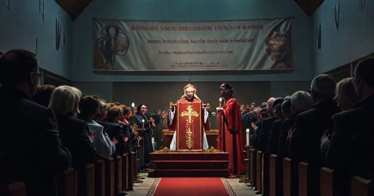 Realistyczny obraz neo-modernistycznej uroczystości w Wilczynie z fałszywym "abp. Polakiem" prowadzącym mistyfikację mszy ku czci bp. Wilczyńskiego