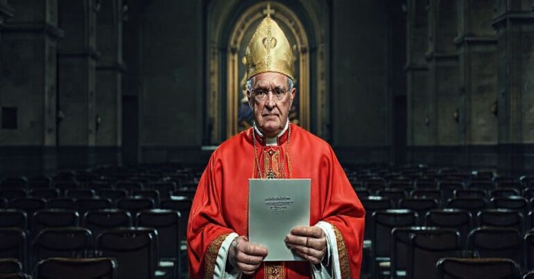 Tradycyjny biskup w liturgicznych szatach przed zdewastowanym kościołem, otoczony dokumentami i pustymi krzesłami biurowymi