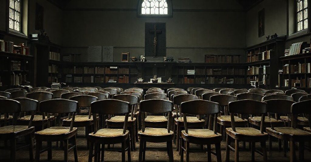 Realistyczny obraz klasy w seminarium duchownym w Poznaniu pokazujący odchodzenie od tradycyjnej formacji kapłańskiej na rzecz humanitaryzmu. Scena jest poważna i ma nostalgiczny klimat.