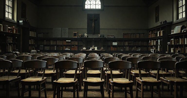 Realistyczny obraz klasy w seminarium duchownym w Poznaniu pokazujący odchodzenie od tradycyjnej formacji kapłańskiej na rzecz humanitaryzmu. Scena jest poważna i ma nostalgiczny klimat.