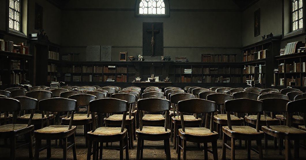 Realistyczny obraz klasy w seminarium duchownym w Poznaniu pokazujący odchodzenie od tradycyjnej formacji kapłańskiej na rzecz humanitaryzmu. Scena jest poważna i ma nostalgiczny klimat.