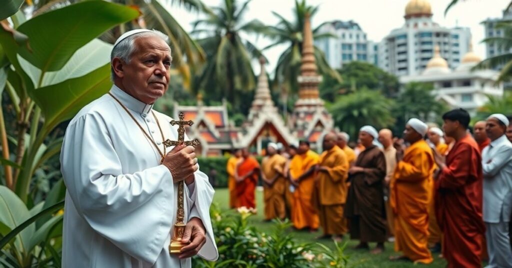 Tradycyjny katolicki kapłan w białej szacie stojący w tropikalnym ogrodzie na Sri Lance z krzyżem, obserwując spotkanie między buddystami i hindusami.
