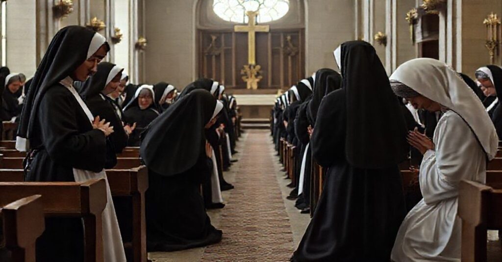 Grupa neo-poświęconych wdów w kościele współczesnym, w zwykłej odzieży i zaangażowanych w codzienne czynności. Kontrastuje z tradycyjnymi konsekrowanymi kobietami w habitach modlącymi się na kolanach.