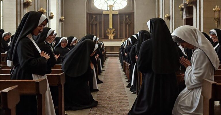 Grupa neo-poświęconych wdów w kościele współczesnym, w zwykłej odzieży i zaangażowanych w codzienne czynności. Kontrastuje z tradycyjnymi konsekrowanymi kobietami w habitach modlącymi się na kolanach.