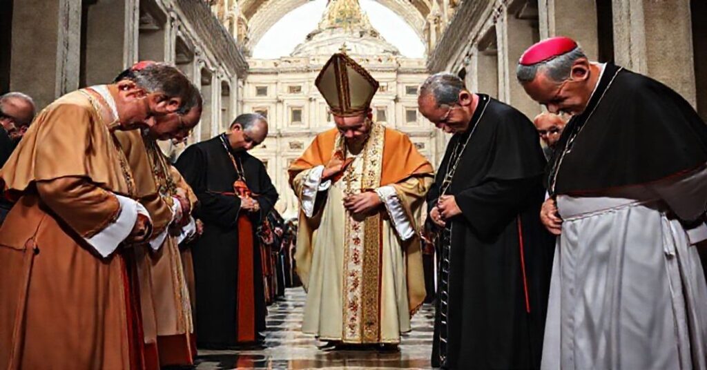 Zdjęcie przedstawiające polskich biskupów oddających pokłon antypapieżowi Leonowi XIV w Watykanie.