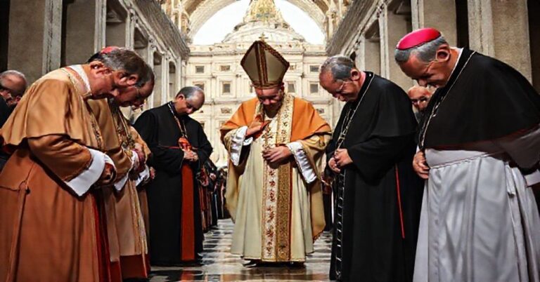 Zdjęcie przedstawiające polskich biskupów oddających pokłon antypapieżowi Leonowi XIV w Watykanie.