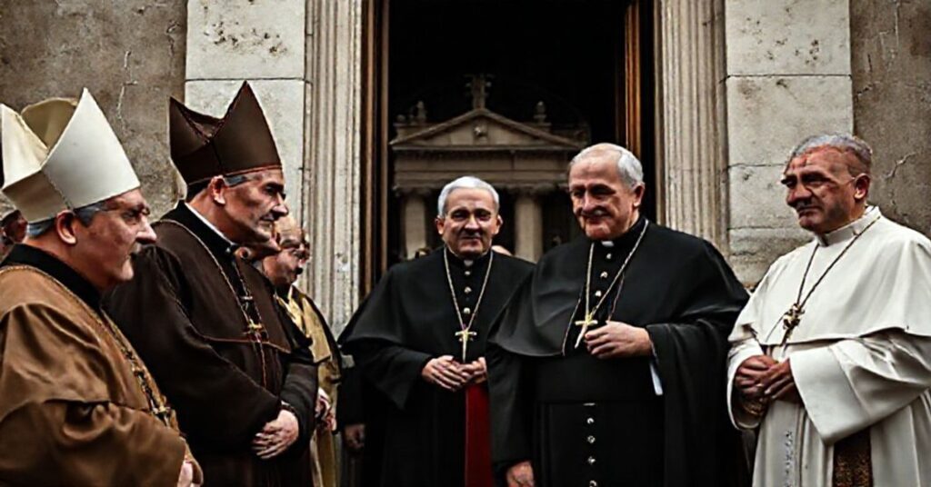 Obraz przedstawiający neoepiskopat Polski podczas wizyty w Watykanie - symbol apostazji i destrukcji Kościoła