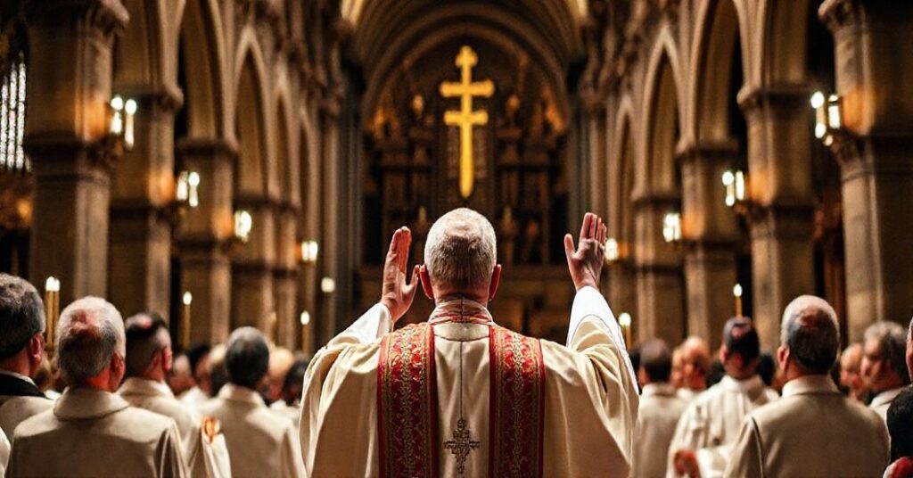 Tradycyjna katolicka ceremonia konsekracji w wspaniałej katedrze. Świętość liturgii i poważny ton podkreśla głęboki kryzys w Kościele.
