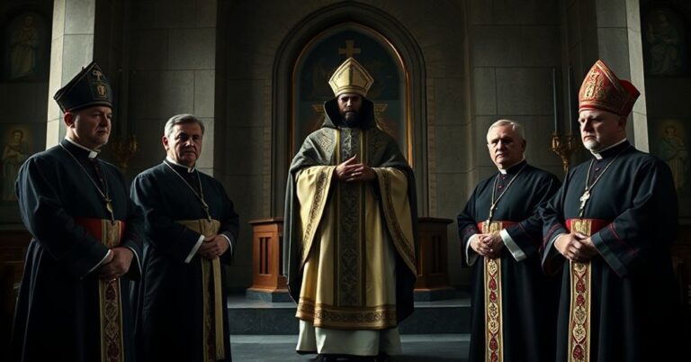 Grupa neoepiskopatu przedstawiająca list zaproszenia dla antypapieża Leona XIV przed nowoczesną kaplicą w Gietrzwałdzie. Scena jest ciemna i poważna.