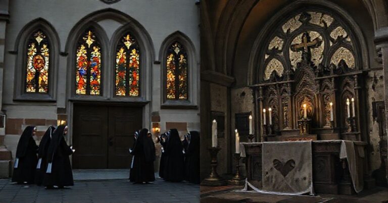 Wznosząca się neogotycka fasada klasztoru karmelitanek w Przemyślu z tradycyjnymi katolickimi elementami oraz kontrastem między historyczną architekturą a wewnętrzną modernistyczną apostazją.