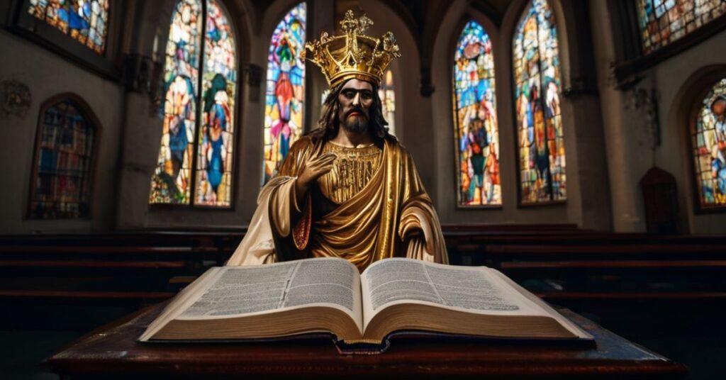 Wewnątrz tradycyjnego kościoła katolickiego z rzeźbą Jezusa Chrystusa zwieńczoną koroną jako Królem, otwarta Biblia na księdze Dei Verbum i witraże.