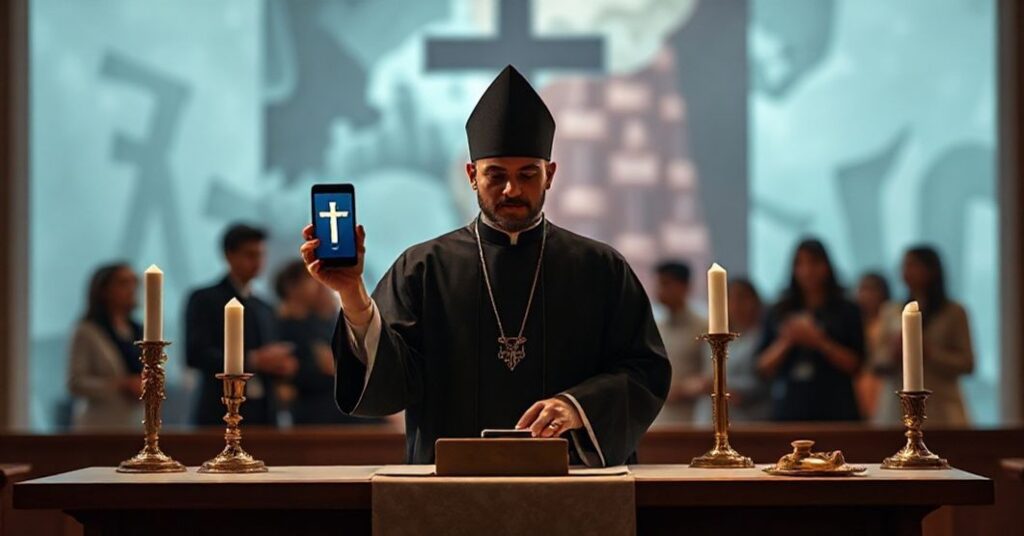 Ciemne wnętrze kościoła z neojezuitem trzymającym smartphone z cyfrowym krzyżem na ekranie. Młodych ludzi w tle zajmowanych świeckimi zajęciami. Scena podkreśla degenerację misji katolickiej przez nowoczesne technologie i globalistyczne wartości.