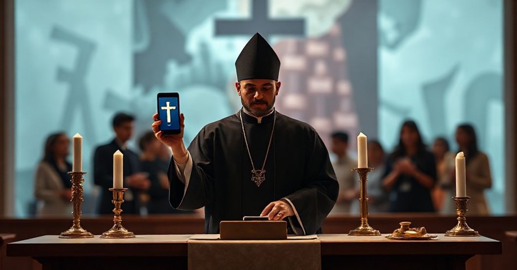 Ciemne wnętrze kościoła z neojezuitem trzymającym smartphone z cyfrowym krzyżem na ekranie. Młodych ludzi w tle zajmowanych świeckimi zajęciami. Scena podkreśla degenerację misji katolickiej przez nowoczesne technologie i globalistyczne wartości.