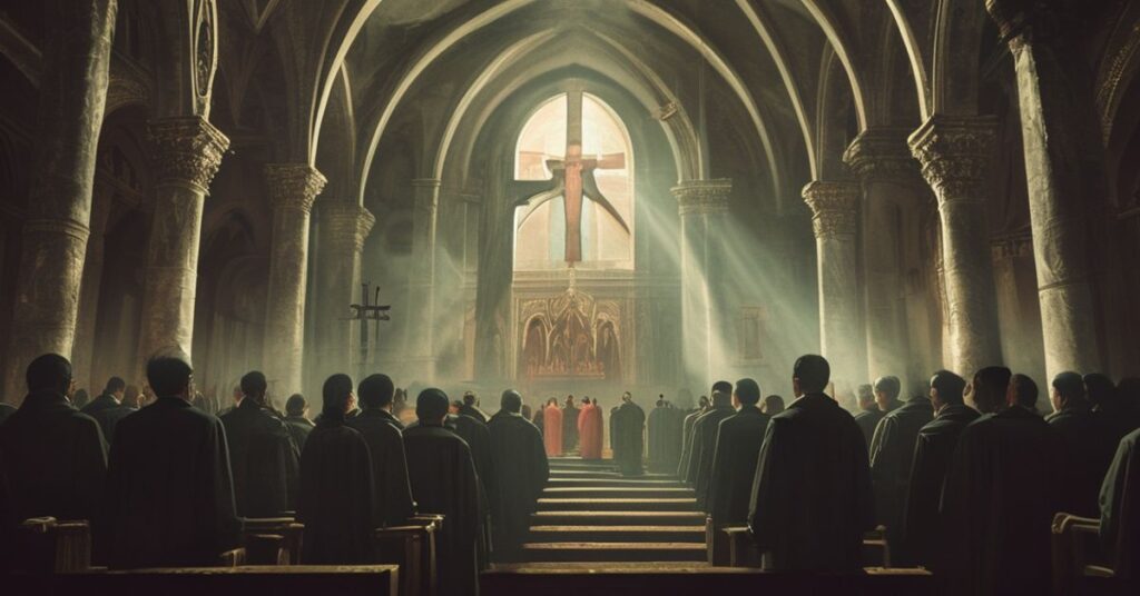 Konkretny widok tradycyjnego wnętrza kościoła z członkami sekty Neokatechumenalnej stojącymi w prezbiterium. Na tle widać zniekształconą postać uzurpatora Leona XIV.