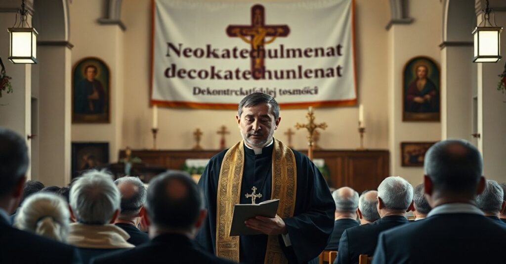 Sedevacantist priest w kazalnicy z podpisem o Neokatechumenacie