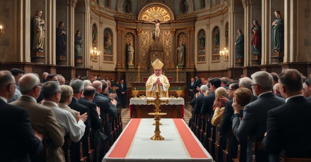 Grupa Neokatechumenatu podczas liturgii w kościele, pokazująca kontrowersyjne praktyki odchodzące od Tradycji