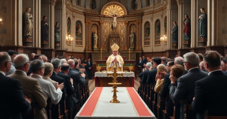 Grupa Neokatechumenatu podczas liturgii w kościele, pokazująca kontrowersyjne praktyki odchodzące od Tradycji