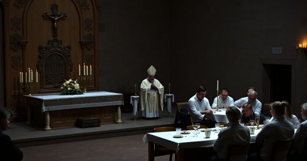 Kontrast liturgii tradycyjnej z nowoczesnymi praktykami neokatechumenalnymi. Biskup Kiko Argüello podczas nieprawidłowej mszy przy stole zamiast ołtarza, otoczony grupą wiernych. Scena zaprezentowana w poważnej i sugestywnie oświetlonej przestrzeni kościelnej.