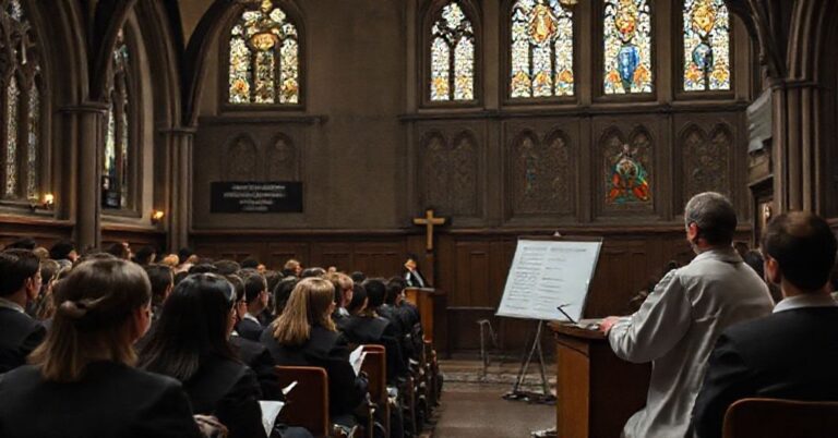 Tradycyjna katedra uniwersytecka z nowoczesnym wykładowcą i uczniami w stroju szkolnym