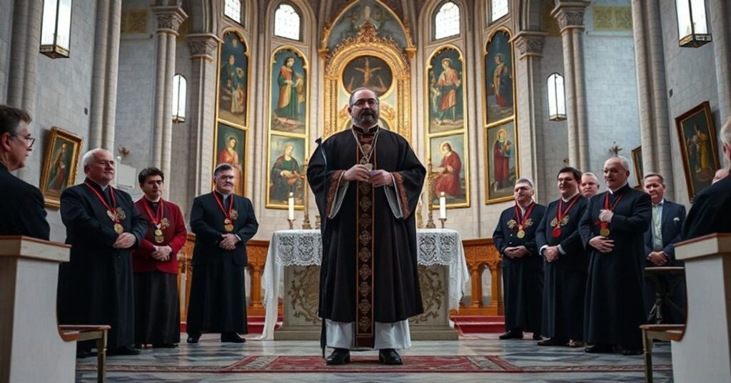 Wnętrze katedry św. Marcina i Mikołaja w Bydgoszczy podczas inauguracji 44. Tygodnia Kultury Chrześcijańskiej. Modernistyczny 'biskup' Krzysztof Włodarczyk wygłasza heretyckie kazanie przed grupą osób odebrających medale za deformację sakrum.