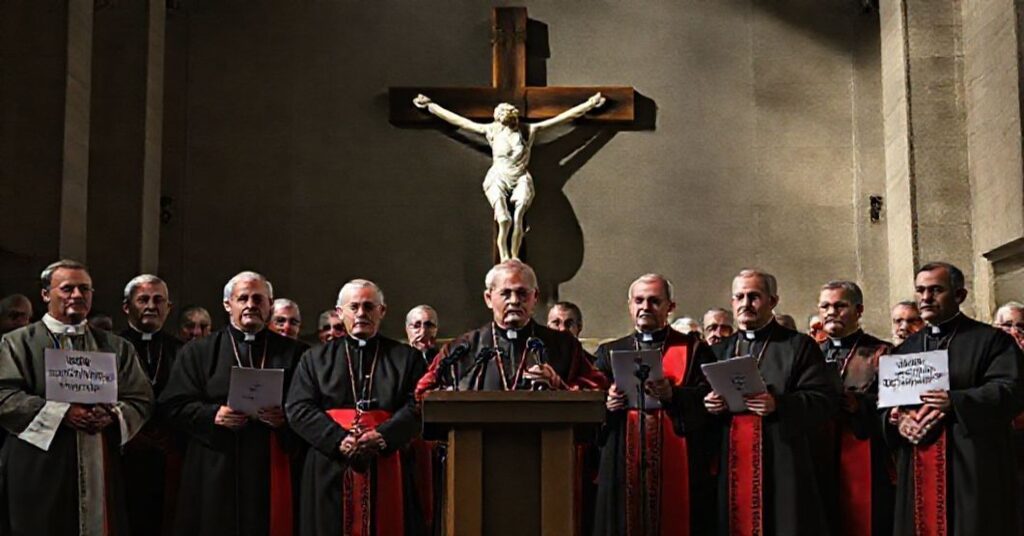 Grupa fałszywych amerykańskich biskupów w purpurze zdrady na konferencji prasowej w katedrze