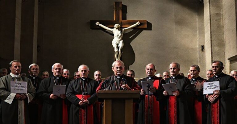 Grupa fałszywych amerykańskich biskupów w purpurze zdrady na konferencji prasowej w katedrze