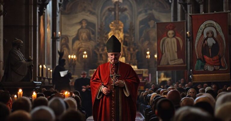 Smutny widok katedry wawelskiej podczas ingresu kardynała Grzegorza Rysia, otoczonego modernistycznymi i ekumenicznymi symbolami.