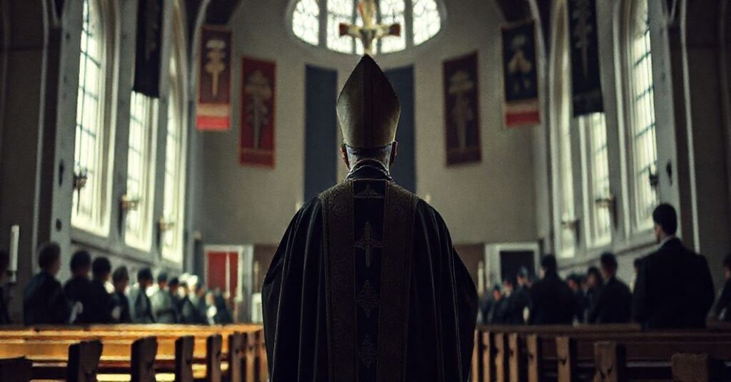 Zdjęcie przedstawiające fałszywą liturgię w neokociole w Kielcach, gdzie 'biskup' Marian Florczyk przeprowadza synkretyczną pseudomszę podczas inauguracji akademickiej. Widoczne są sztandary uczelni obok ołtarza, co symbolizuje apostazję i demontaż sakramentalnej ontologii.