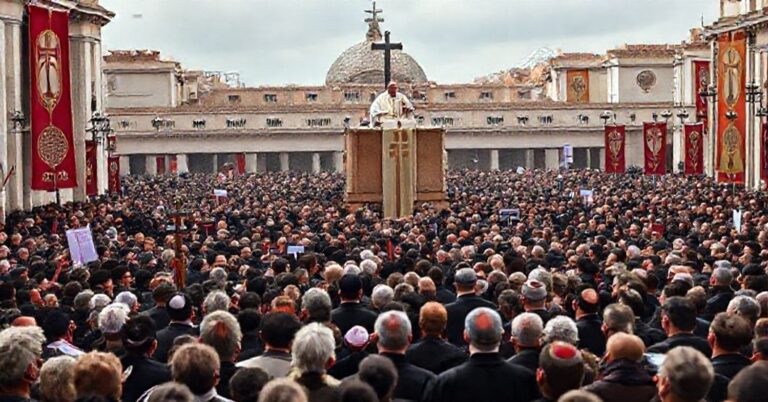 Zdjęcie przedstawiające fałszywego papieża Leona XIV na Placu św. Piotra w Watykanie podczas przemówienia o pokoju bez Chrystusa Króla