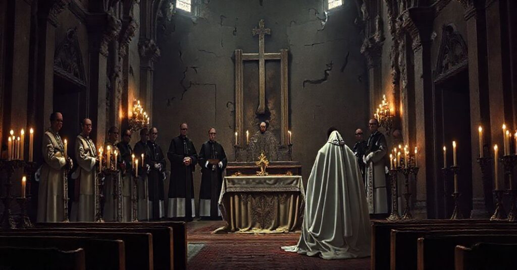 Sobór z pustym ołtarzem i grupą "biskupów" w nowoczesnych ornatach przed bezosobową postacią w biały szatę.