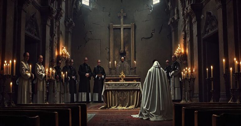 Sobór z pustym ołtarzem i grupą "biskupów" w nowoczesnych ornatach przed bezosobową postacią w biały szatę.