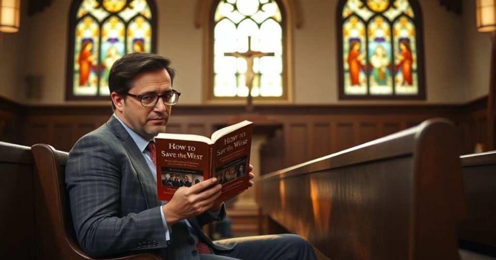 Wnętrze tradycyjnego kościoła katolickiego z witrażami i drewnianą ławką. Spencer Klavan siedzi smutno trzymając książkę "How to Save the West". Na tle krzyż symbolizujący konflikt między jego publicznymi stanowiskami a osobistymi działaniami.