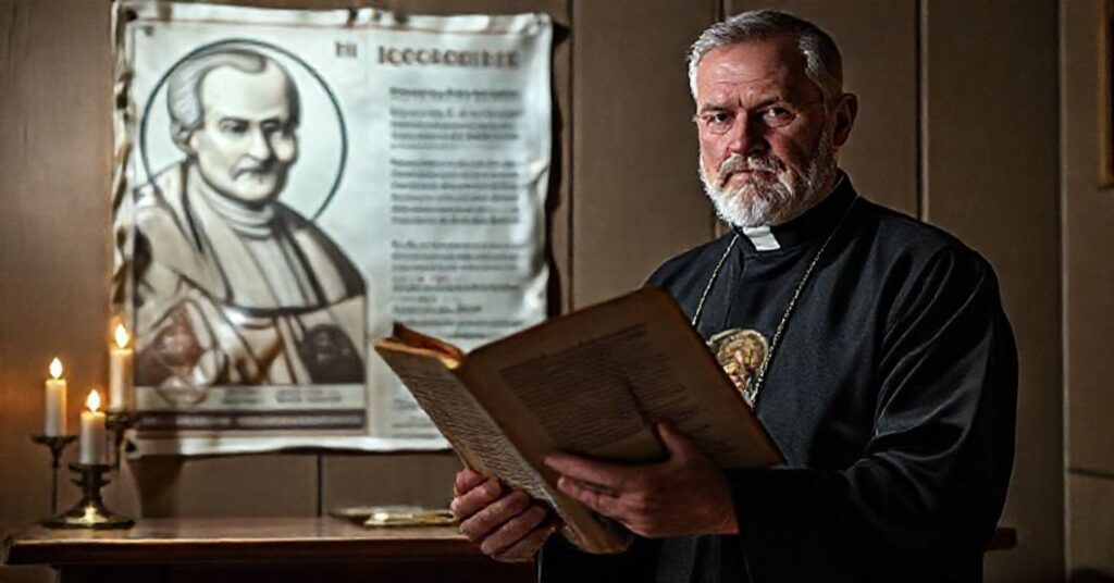 Ksiądz stoi przed ołtarzem z otwartym miszałem, przy świachelce, z obrazem św. Franciszka Ksawerego w ręku.