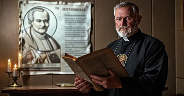 Ksiądz stoi przed ołtarzem z otwartym miszałem, przy świachelce, z obrazem św. Franciszka Ksawerego w ręku.